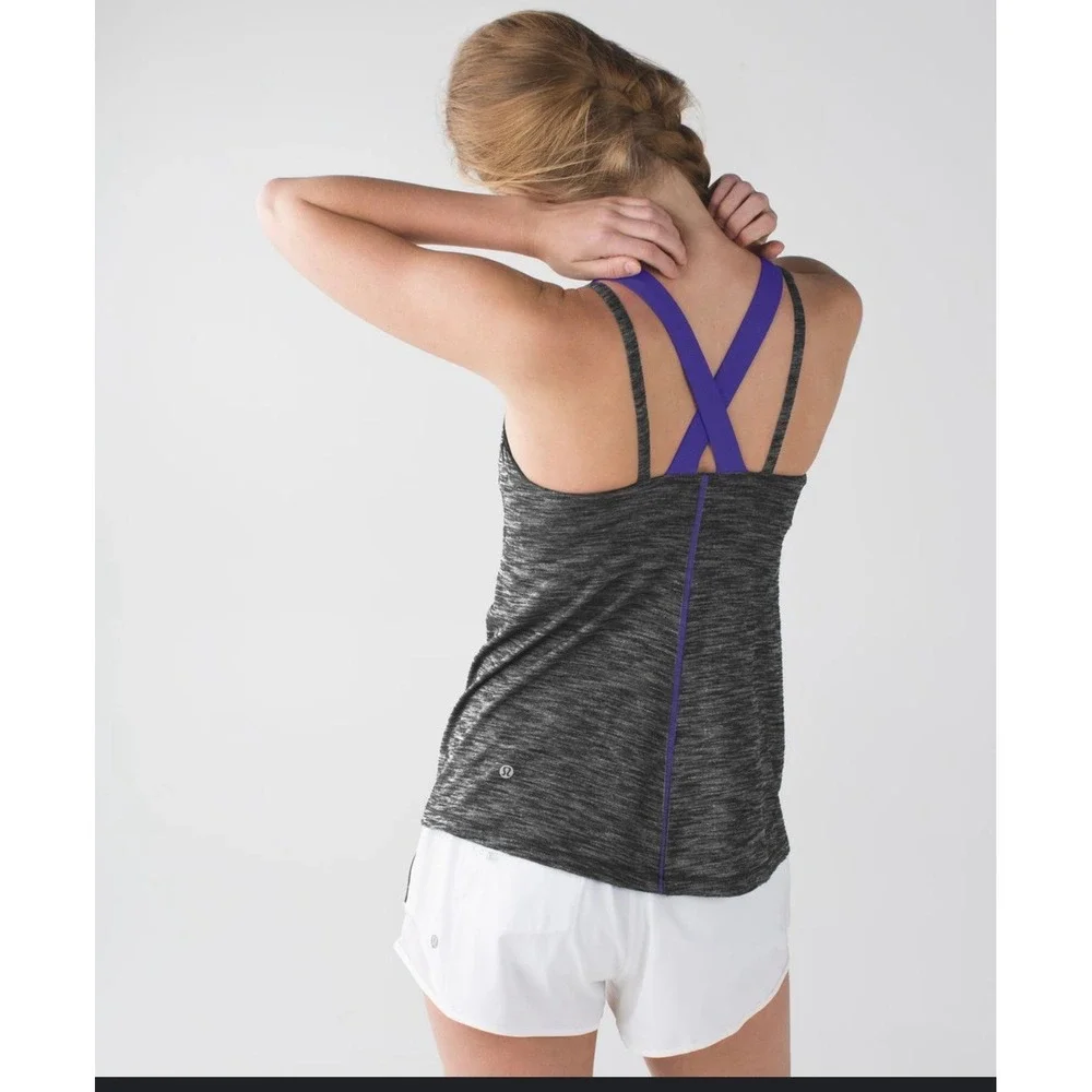 Lululemon Run For Gold Tank Heathered‎ Black / Iris Flower women's 6 workout fit